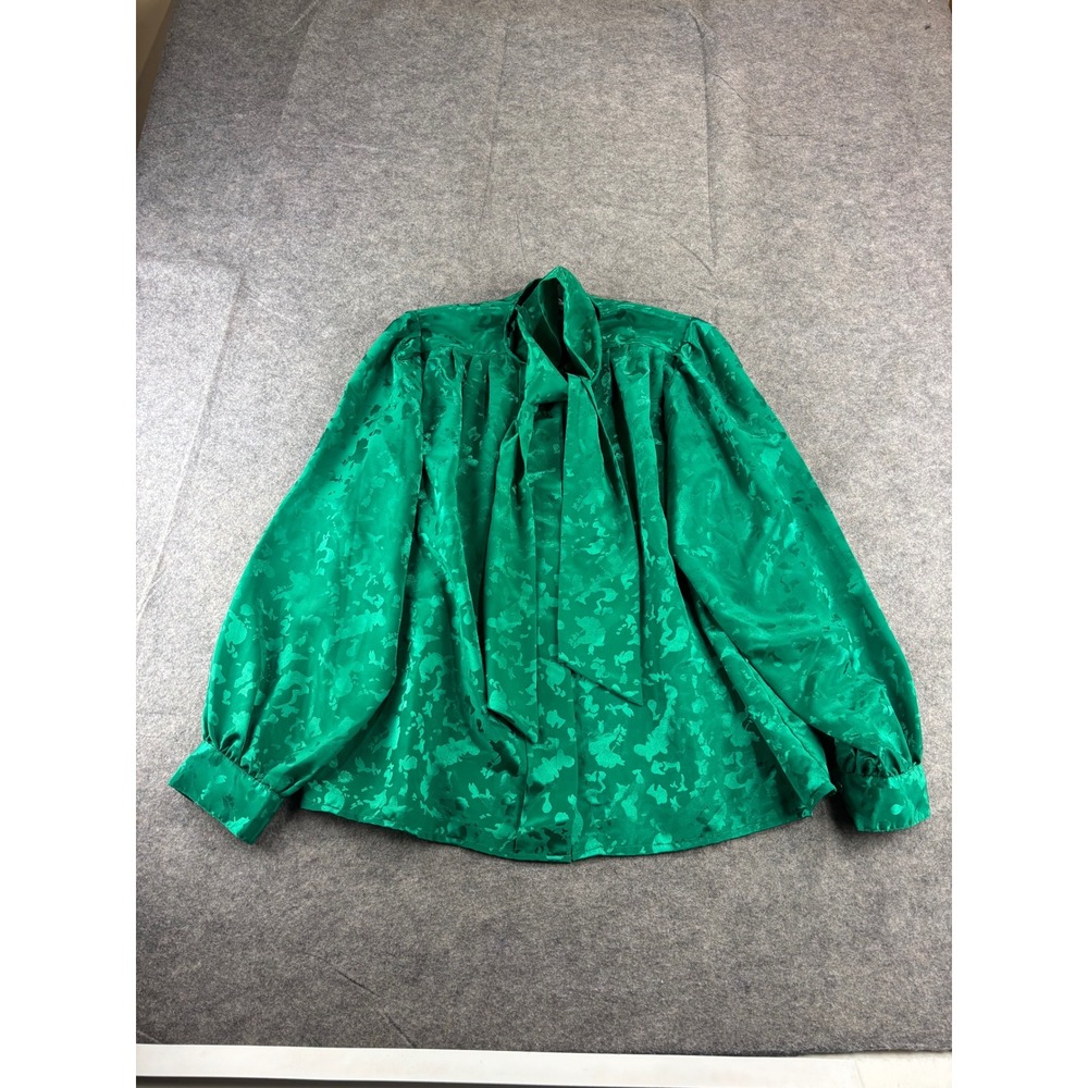 David Benjamin Vtg Green Jacquard Bow Tie Blouse Emerald Womens L Secretary 90s